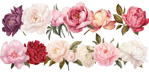 Rose and peony flowers set 1