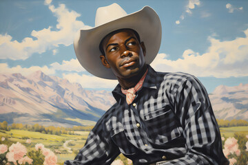 poc cowboy wearing plaid with mountain vista vintage americana painting made with generative ai - obrazy, fototapety, plakaty