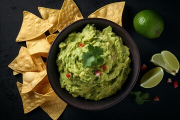 Obraz premium Guacamole bowl lime chips. Generate Ai