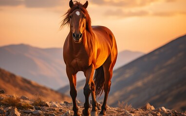 Fototapeta na wymiar Beautiful horse galloping in the meadow at sunset generative ai