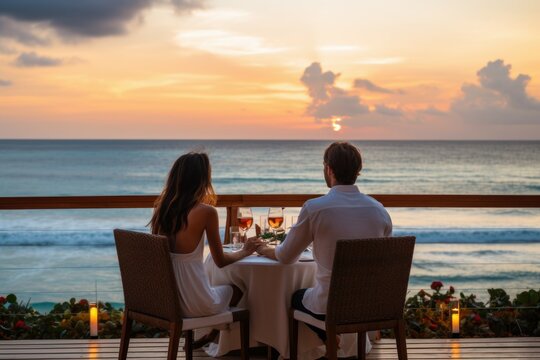 Luxury beach dinner couple. Generate Ai