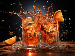 Generative AI and digital editing create a splashing Aperol spritz cocktail. Generative AI