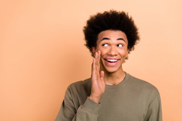 Fototapeta na wymiar Portrait of nice cheerful person afro hairdo dressed khaki pullover look empty space telling rumors isolated on beige color background