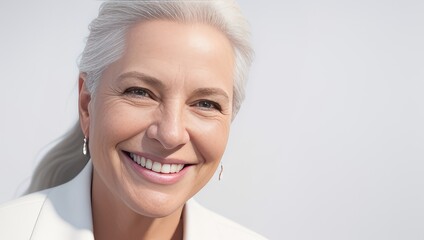 Portrait beautiful old woman with white teeth smile, healthy long hair and beauty skin on grey...