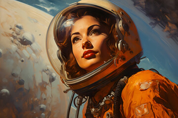 female astronaut in orange suit retro futurism vintage sci-fi painting made with generative ai