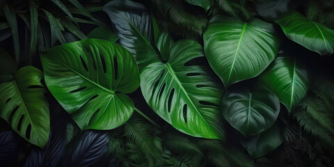 closeup nature view of tropical green monstera leaf background. Flat lay, fresh wallpaper banner concept. generative ai