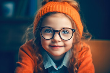 Fototapeta na wymiar portrait of adorable little smiling girl in eyeglasses. Playful Happiness Concept. generative AI