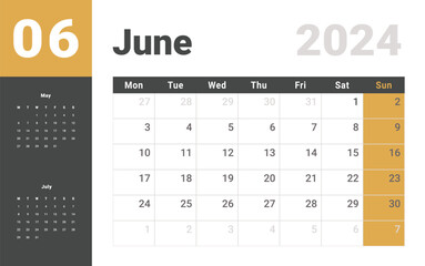 Monthly Calendar Template of june 2024. Vector layout simple calendar with week start Monday.