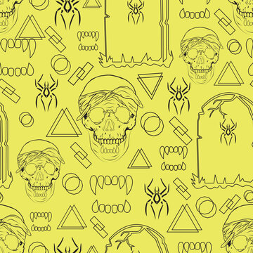 hand-drawn vector set of hand-drawn doodles,
Scary seamless pattern, skull, spiders
