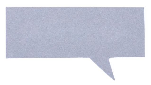 Gray blank cut out paper cardboard speech bubble of rectangular shape with copy space for text on transparent or white background
