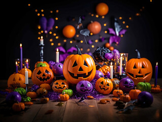Trick or treat party and Pumpkin Jack-O-Lantern surrounded by halloween decor