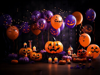 Trick or treat party and Pumpkin Jack-O-Lantern surrounded by halloween decor