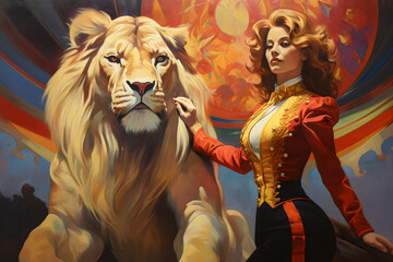 female lion tamer vintage circus painting made with generative ai - obrazy, fototapety, plakaty