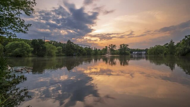 Time lapse showing the moving clouds during sunset over the park, a family of swans swimming and reflecting clouds in the pond. Park Slaski, Chorzow, Poland