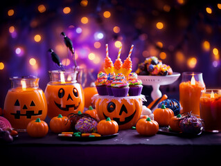 Trick or treat party and Pumpkin Jack-O-Lantern surrounded by halloween decor