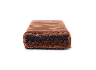 Piece of sweet tasty chocolate bar on white background