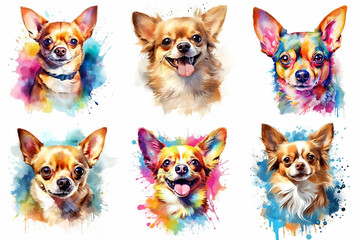Set of dogs breed Chihuahua painted in watercolor on a white background in a realistic manner. Ideal for teaching materials, books and designs, postcards, posters.