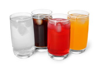 Glasses of different refreshing soda water with ice cubes on white background