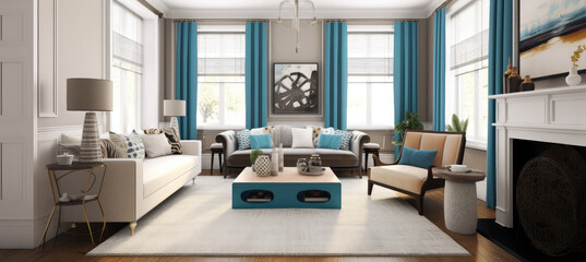 a new home with a large open living room, in the style of photorealistic details, light gold and azure, generative AI