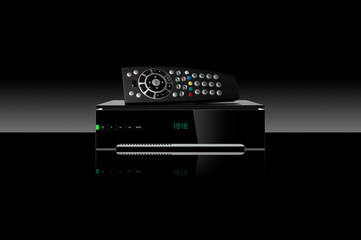 Tv decoder and remote control isolated on white background. Receiver