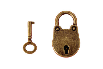 bronze key and padlockisolated on transparent background