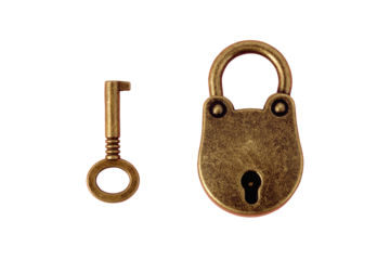 bronze key and padlockisolated on transparent background