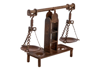 bronze antique scales isolated on transparent background, symbol of justice
