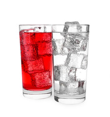 Glasses of different refreshing soda water with ice cubes isolated on white