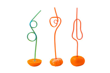 fresh juicy peeled tangarines with cocktail straw. Healthy fresh citrus juice without additives isolated on transparent background