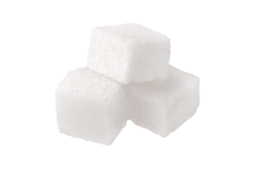Close-up of three white sugar cubes, isolated on transparent background