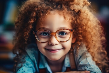 portrait of curly cheerful little girl in eyeglasses. generative AI