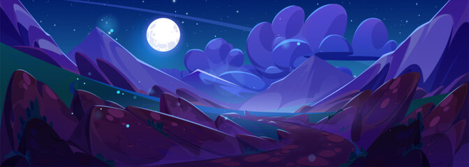 Night mountain landscape with full moon shining in sky. Vector cartoon illustration of beautiful nature, stones and green grass on sides of footpath leading to valley lake, mysterious fireflies in air