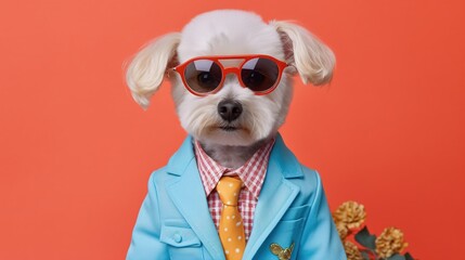 Fashionable animals in glasses. Yorkshire terrier in beautiful clothes. Glamor fashionable dog in a fur coat and glasses. Designer clothes for dogs. Generative ai. - obrazy, fototapety, plakaty