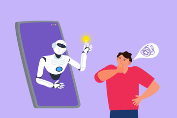 thinking man and phone with robot virtual helper bot online assistant vector illustration