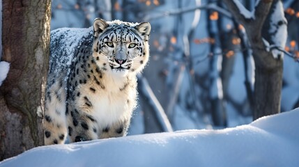 Fototapeta premium Enchanting Snow leopard camouflage in the snowy. Generative ai.