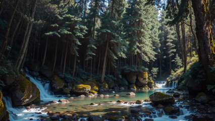 Fototapeta premium Vibrant forest with its lush greenery, while the gentle stream meandered through, offering a soothing melody that echoed the serenity of nature's embrace.