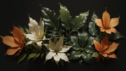 Against the striking black background, the beautiful leaves in shades of green, orange, and white created a mesmerizing contrast, showcasing nature's vivid palette with breathtaking elegance.