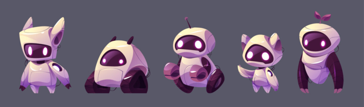 Cartoon set of robot characters isolated on background. Vector illustration of futuristic ai cyborgs with wheels, tracks, wires, led light eyes on screen face and arms. Modern technology development