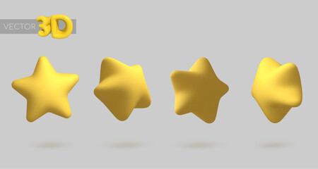 Vector 3d render gold star in different sides, isolated on gray background. Beauty icon. Vector illustration for postcard, icons, poster, banner, web, design, arts.
