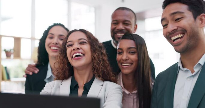 Digital tablet, video call and business people in office for online meeting with with international networking opportunity. Team, smile and internet communication for planning, idea and collaboration