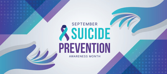 Fototapeta na wymiar Suicide prevention awareness month text and ribbon awareness in center with Teal purple hand to hand care and connection to give hope vector design