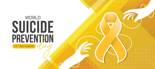 World Suicide prevention day - Yellow ribbon awareness with white hand to hand care and connection to give hope on yellow modern shape texture background vector design - obrazy, fototapety, plakaty