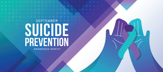 Suicide prevention awareness month text and Teal purple hands hold ribbon awareness on teal purple modern shape texture background vector design