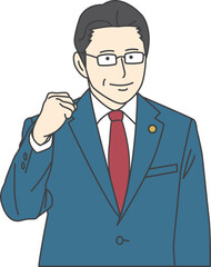 A man in a suit with glasses wearing a badge on his chest raises his fist which the man clenches.