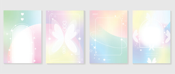 Idol lover posters set. Cute gradient holographic background vector with pastel colors, frame, sparkle, butterfly, star. Y2k trendy wallpaper design for social media, cards, banner, flyer, brochure.