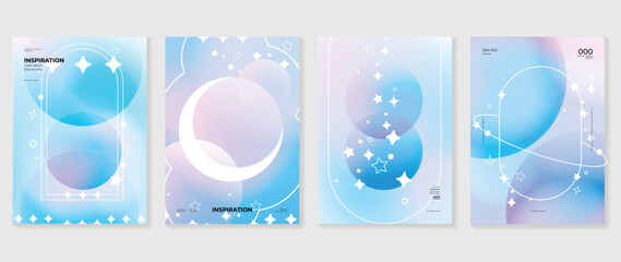 Idol lover posters set. Cute gradient holographic background vector with pastel colors, frame, sparkle, moon, star. Y2k trendy wallpaper design for social media, cards, banner, flyer, brochure.