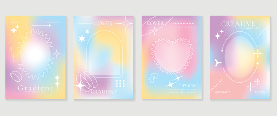 Idol lover posters set. Cute gradient holographic background vector with pastel colors, frame, sparkle, heart, arrow. Y2k trendy wallpaper design for social media, cards, banner, flyer, brochure.
