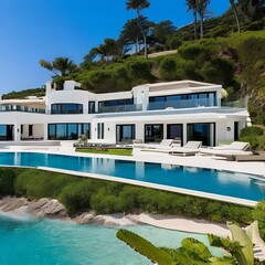 199 A luxurious coastal mansion with panoramic ocean views, infinity pool, and private beach access, offering the epitome of seaside luxury1, Generative AI
