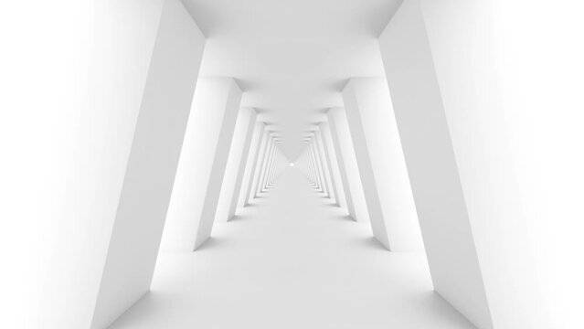 Futuristic empty white corridor with columns and bright light. Seamless looping animation