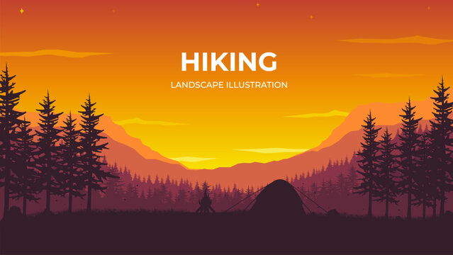 Vector silhouette illustration of tent on mountains background. Vector landscape illustration for poster, picture, design, background, wallpaper. 